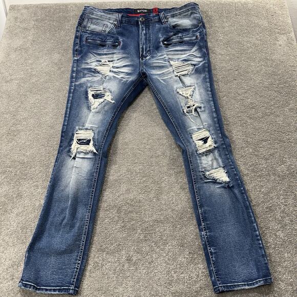 Makobi Biker Jeans 40x32 Blue Distressed Ripped Denim Stitch Stretch Slim Fit - Picture 1 of 11